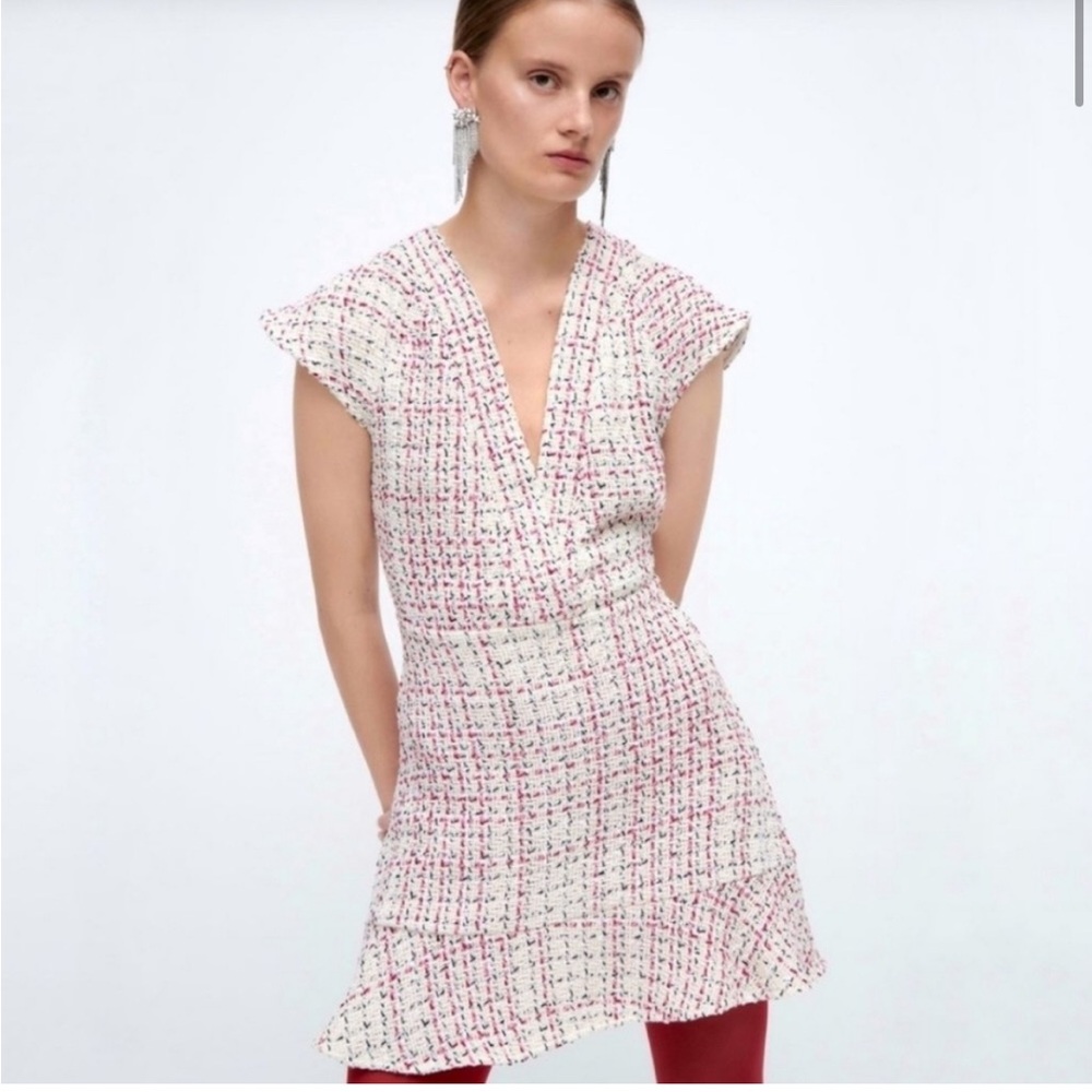 Zara Pink and White Multicolor Tweed Mini Dress